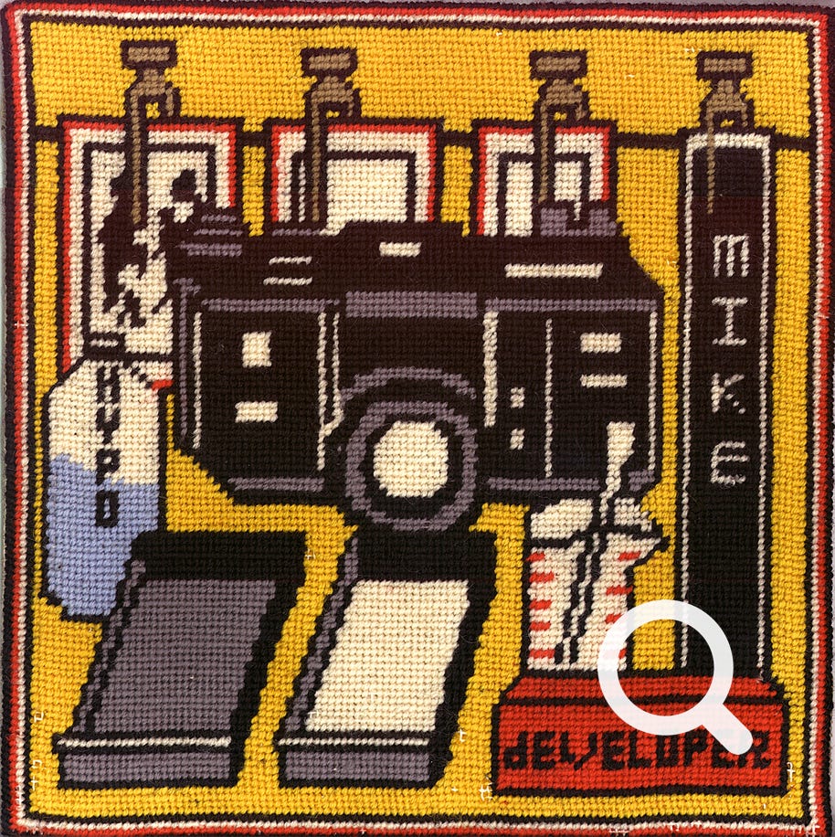 Darkroom-themed needlepoint featuring a camera, film strips and developing trays