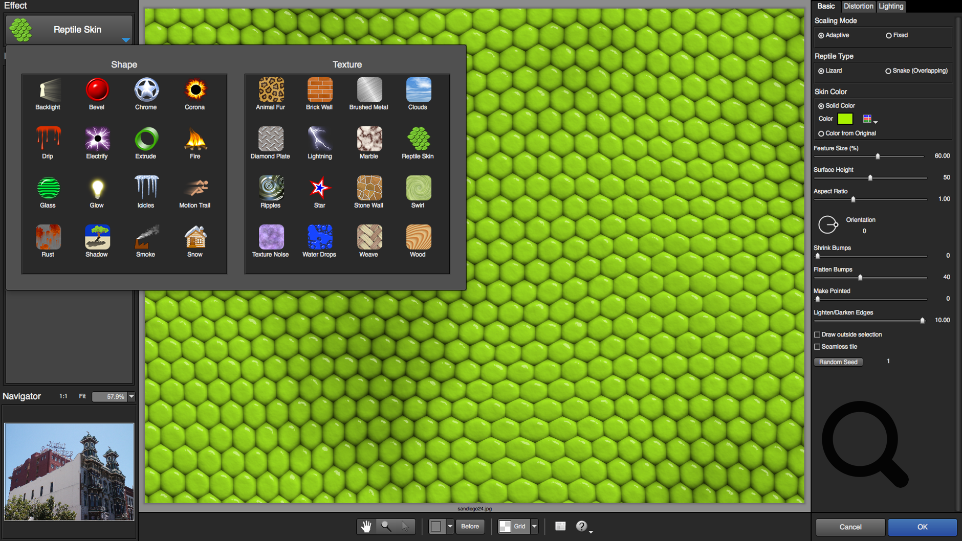 Screenshot of the Alien Skin Photo Bundle showing the results of a lizard skin preset applied to a blank image