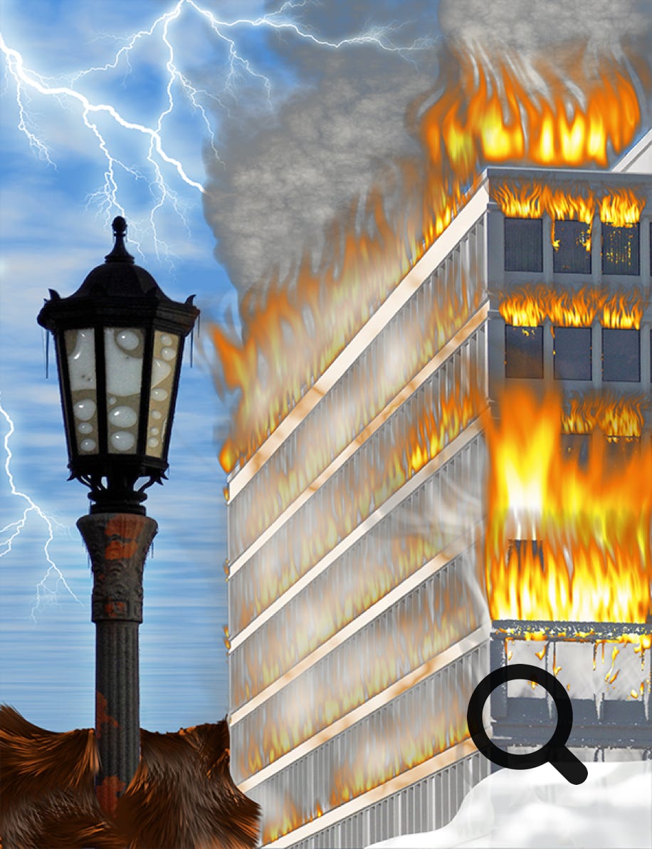 Lamp and office building image after treatment with fire, cloud, lightning and smoke effects using the Alien Skin Photo Bundle