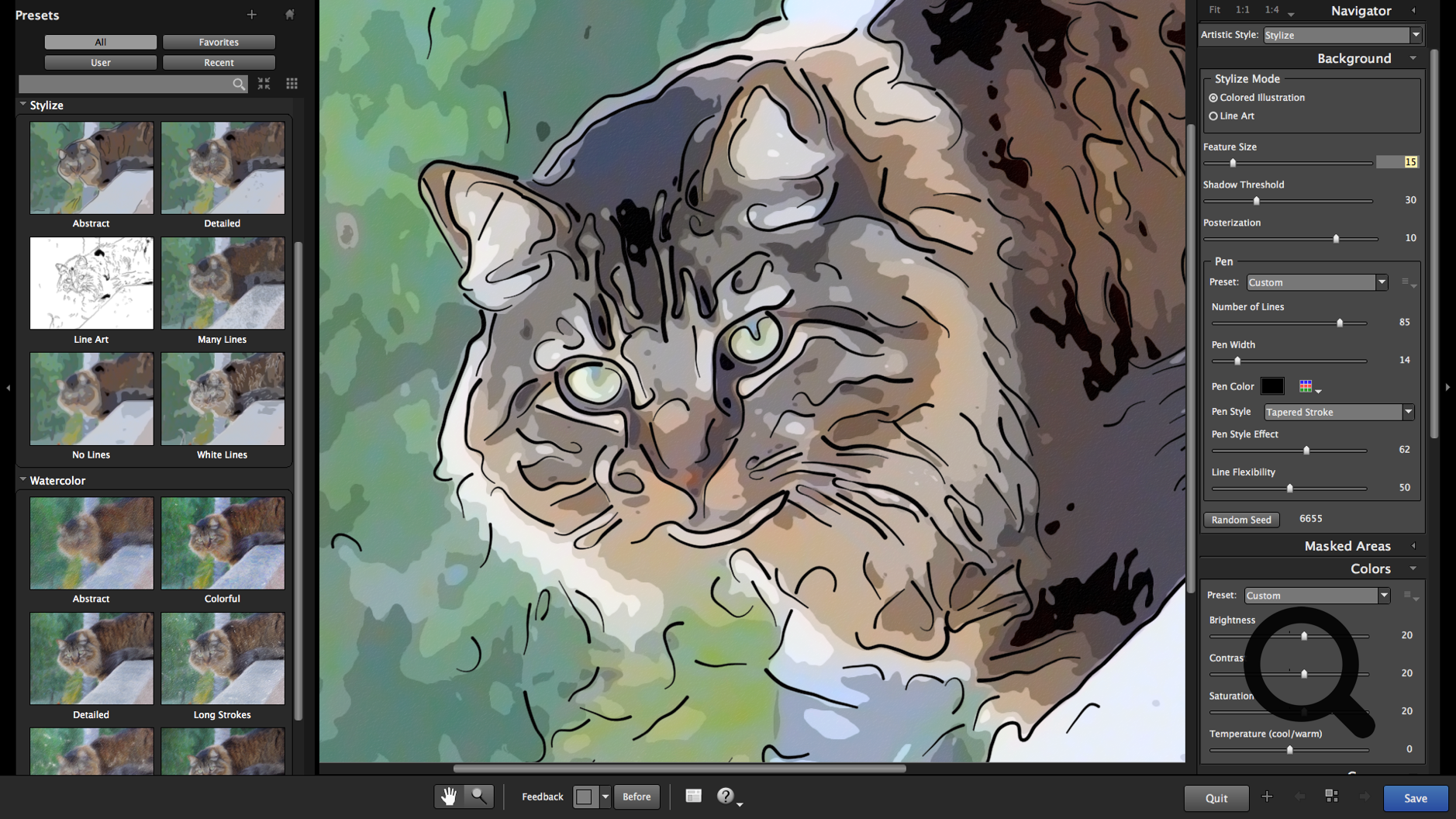 Screenshot of the Alien Skin Photo Bundle showing the results of a preset applied to a cat