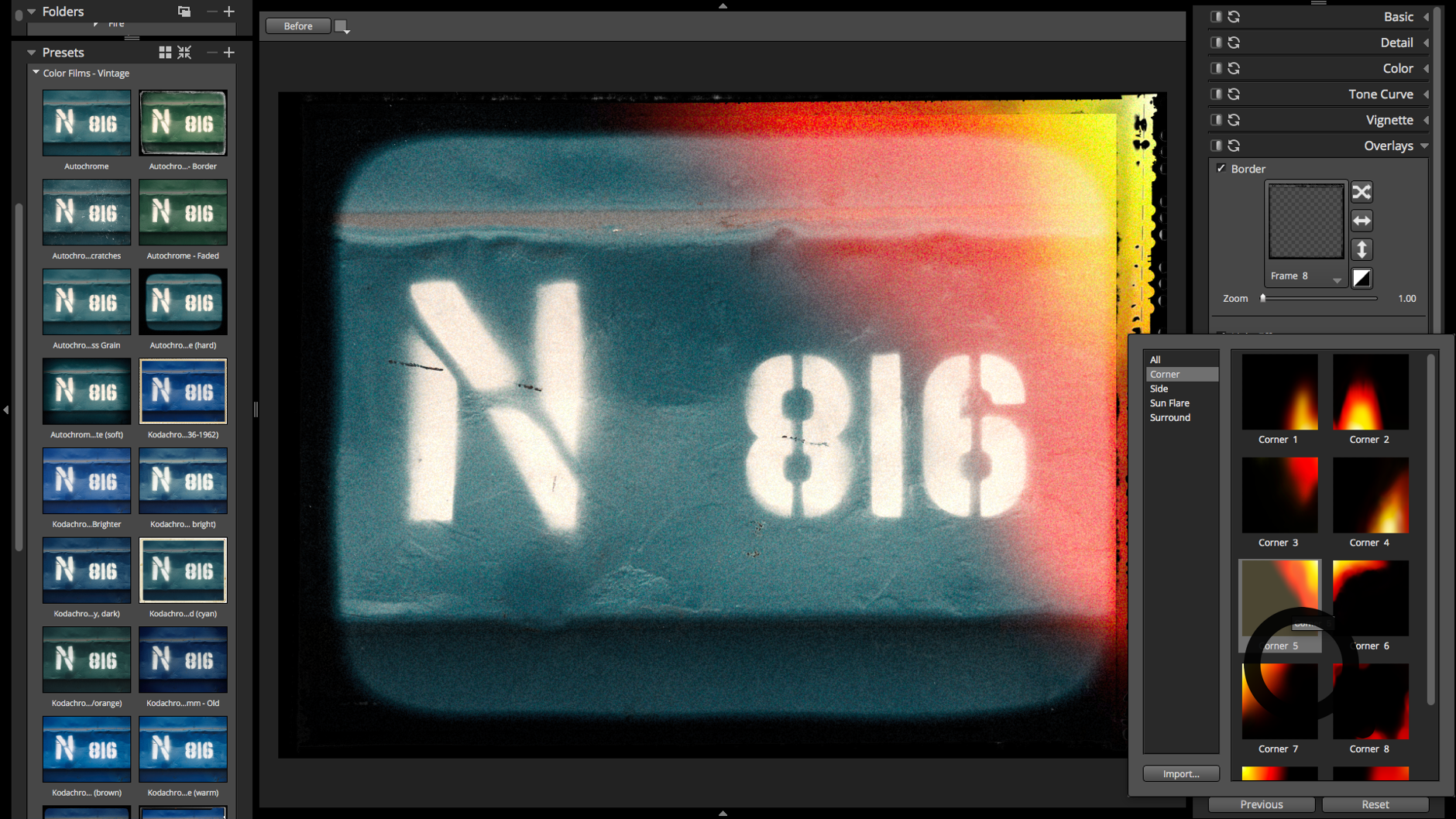 Screenshot of the Alien Skin Photo Bundle showing the results of a preset applied to a sign with letters and numbers