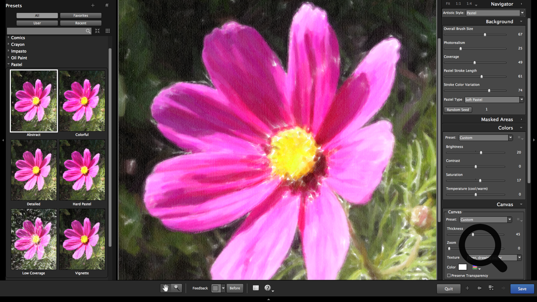 Screenshot of the Alien Skin Photo Bundle showing the results of a preset applied to a purple flower