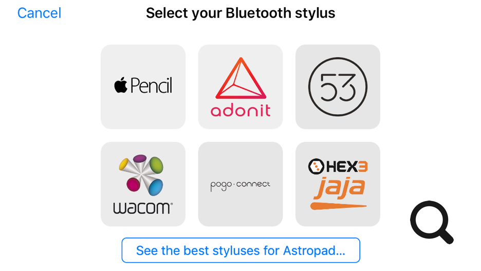 Astropad screenshot showing stylus options