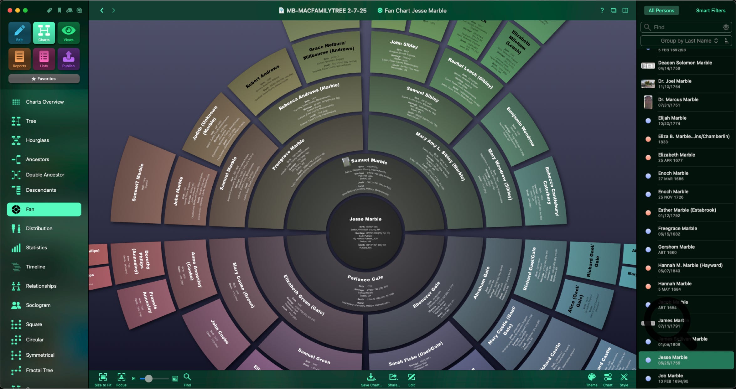 Synium MacFamilyTree screenshot with fan chart