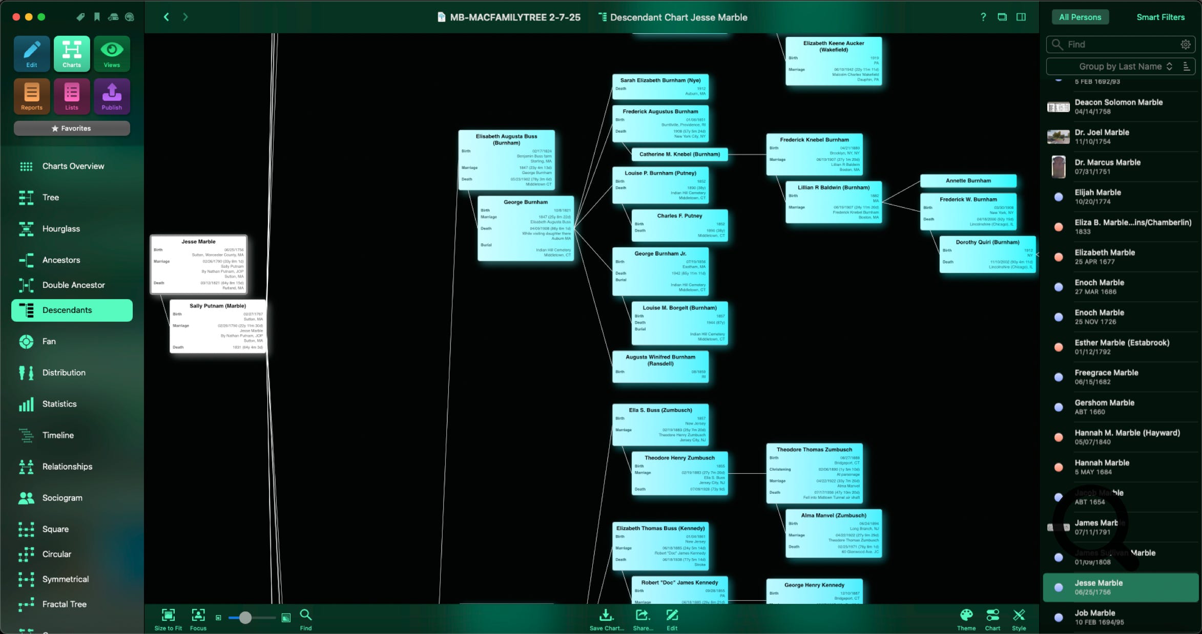 Synium MacFamilyTree screenshot with descendant chart