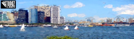 Illustration image showing a harbor scene, post-processed with artistic effects using Topaz Impression