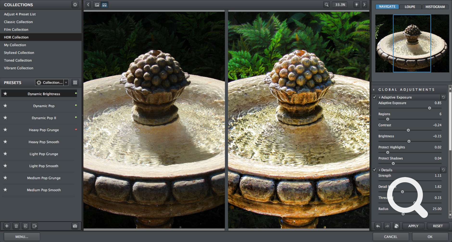 Screenshot of Topaz Adjust showing before and after effects