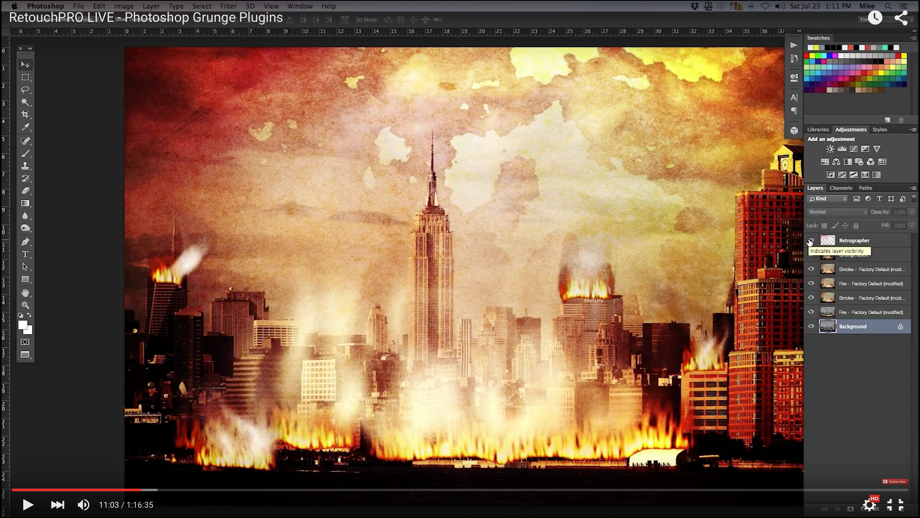 Recorded live video discussion of grunge Photoshop plug-ins and effects on RetouchPro LIVE